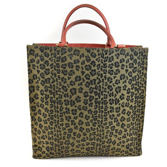 FENDI: Black/Brown, Leopard Print "FF" Logo & "Epi" Leather Tote Bag (wo) - Picture 2 of 12